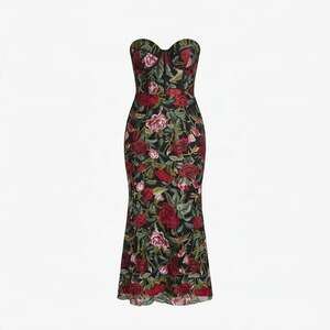 Mac Duggal Sheer Bustier Top Floral Applique Gown Size 6 Black Multi